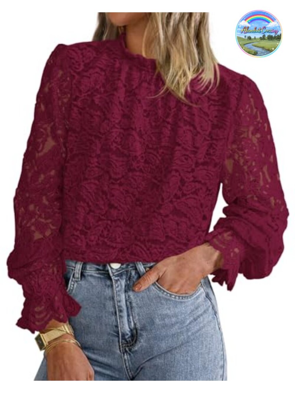 Lace Blouse Women Long Sleeve Mock Neck Keyhole Back Ruffle Trim Dressy